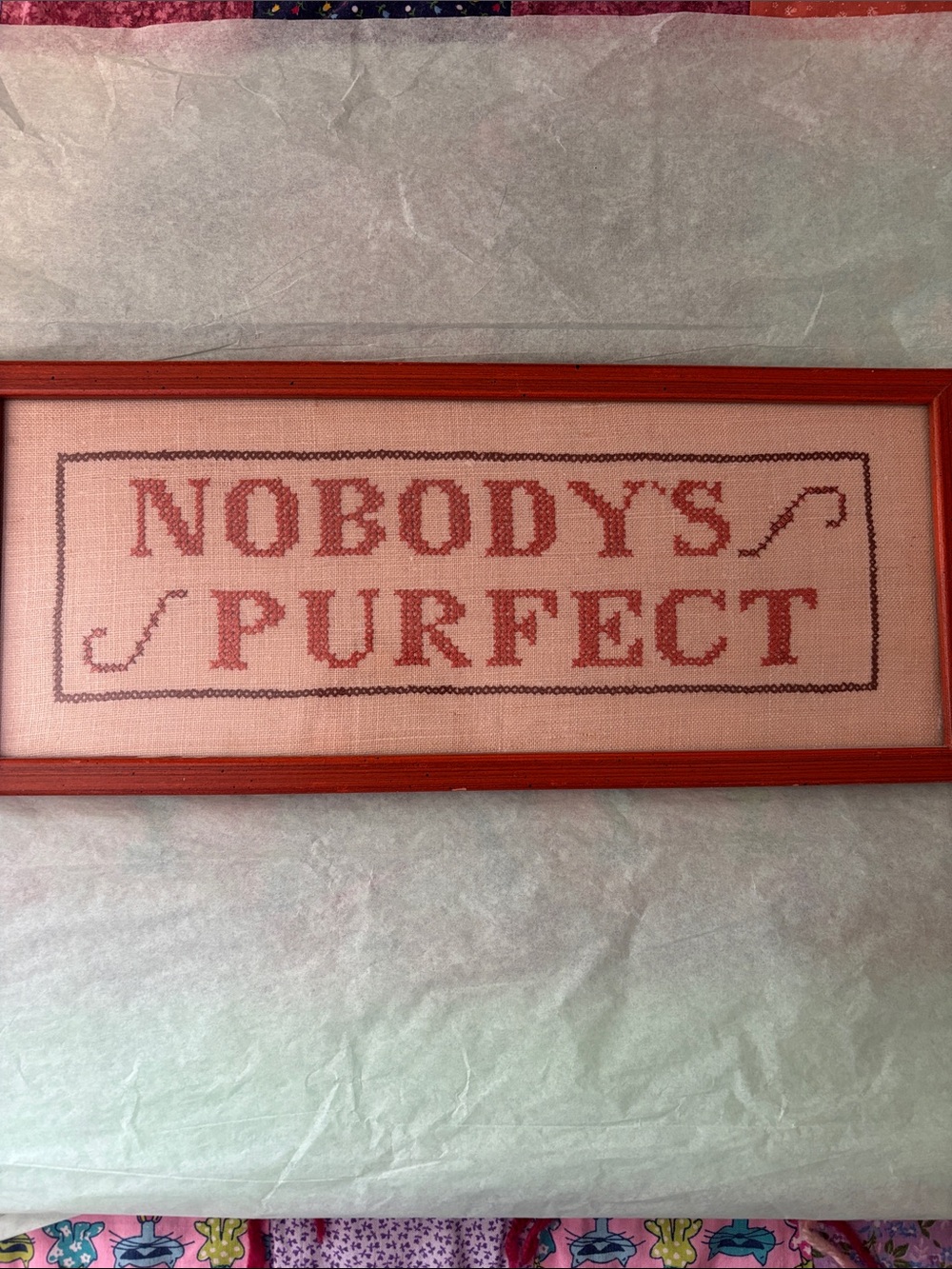 Nobody's Purfect Framed Cross-Stitch Wall Art -Orange